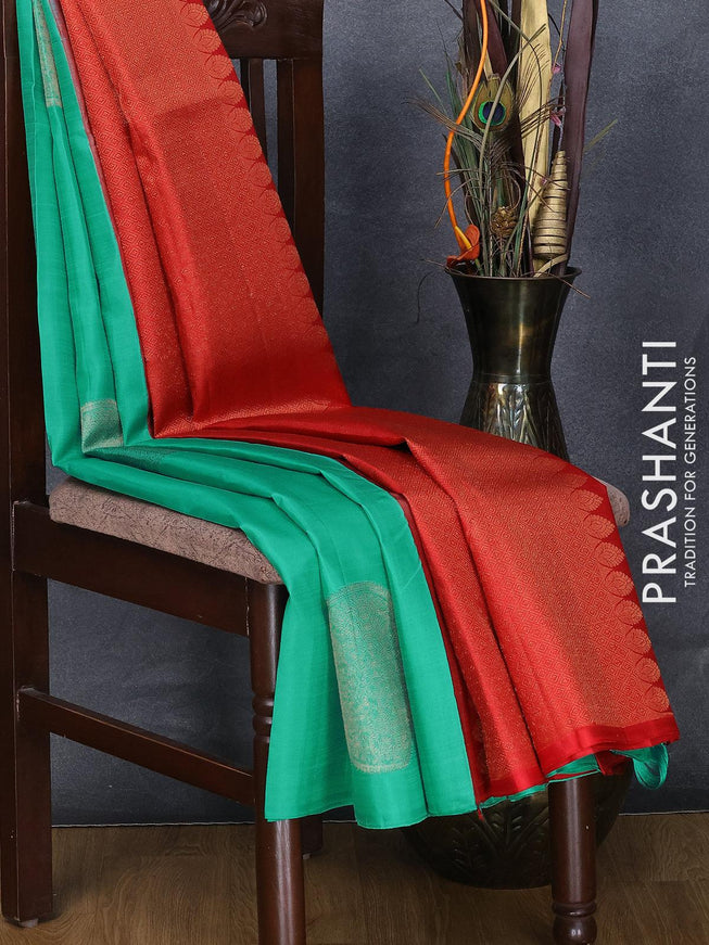 Pure kanjivaram silk saree teal green and red with zari woven buttas in borderless style - {{ collection.title }} by Prashanti Sarees