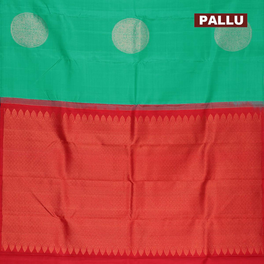 Pure kanjivaram silk saree teal green and red with zari woven buttas in borderless style - {{ collection.title }} by Prashanti Sarees