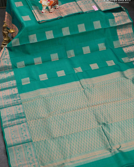 Pure kanjivaram silk saree teal green with zari woven box type buttas and copper zari woven border - {{ collection.title }} by Prashanti Sarees