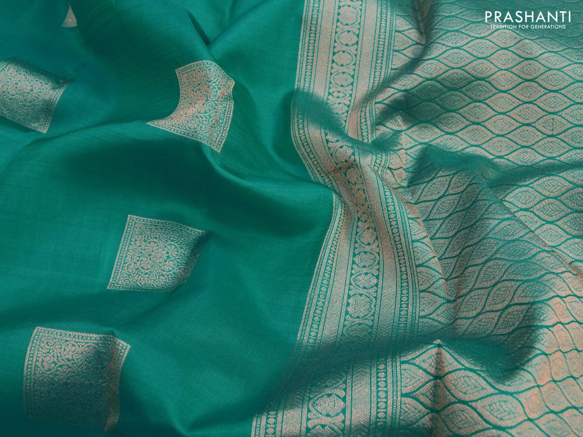 Pure kanjivaram silk saree teal green with zari woven box type buttas and copper zari woven border - {{ collection.title }} by Prashanti Sarees