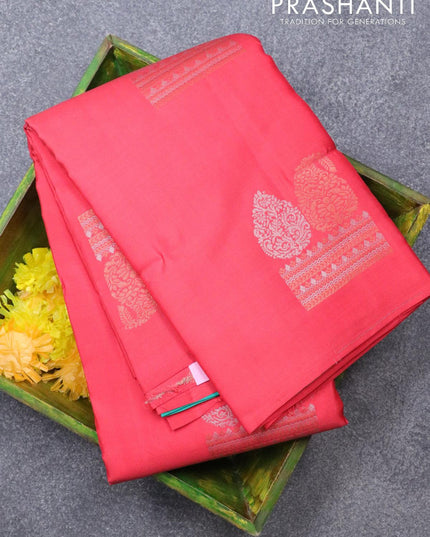Pure kanjivaram silk saree tomato pink and teal green with silver & copper zari woven buttas in borderless style - {{ collection.title }} by Prashanti Sarees