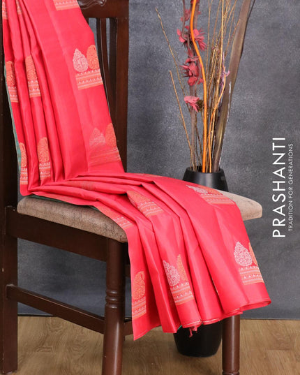 Pure kanjivaram silk saree tomato pink and teal green with silver & copper zari woven buttas in borderless style - {{ collection.title }} by Prashanti Sarees