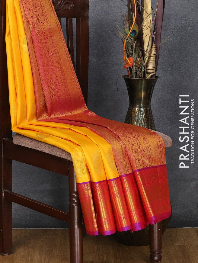 Pure kanjivaram silk saree yellow and dark pink with zari woven peacock buttas and rich zari woven bavanji border - {{ collection.title }} by Prashanti Sarees