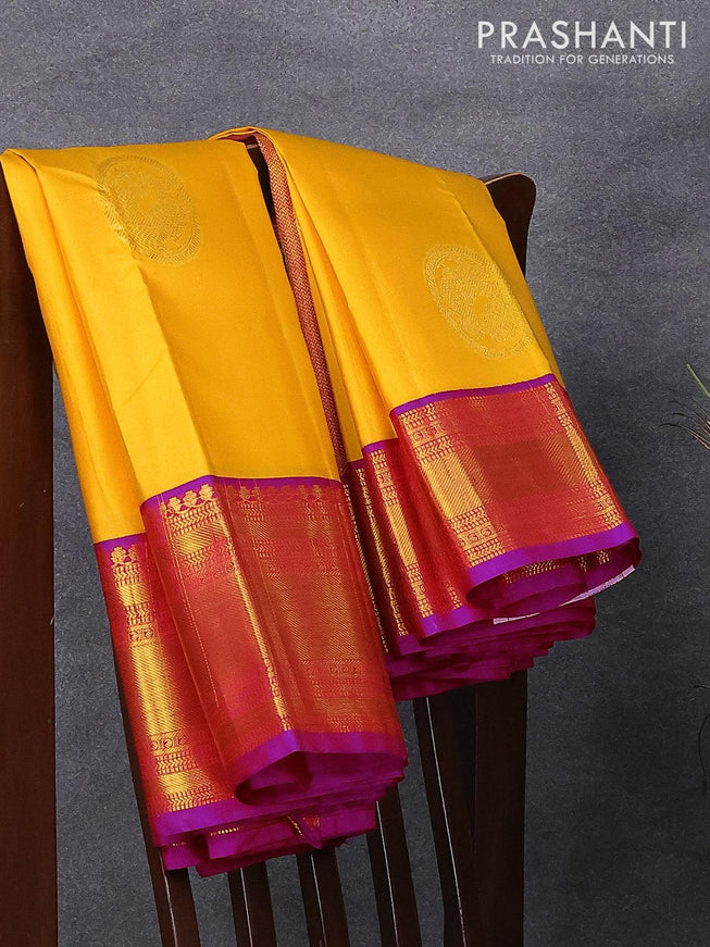 Pure kanjivaram silk saree yellow and dark pink with zari woven peacock buttas and rich zari woven bavanji border - {{ collection.title }} by Prashanti Sarees