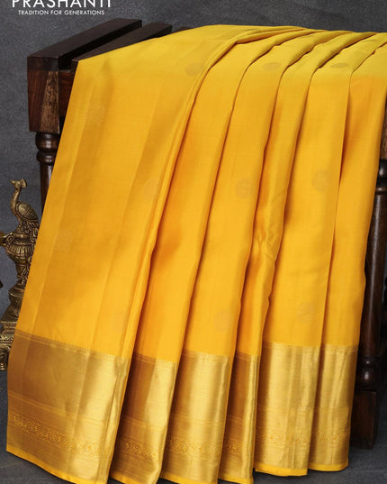 Pure kanjivaram silk saree yellow and dual shade of bluish green with zari woven buttas and zari woven border - {{ collection.title }} by Prashanti Sarees