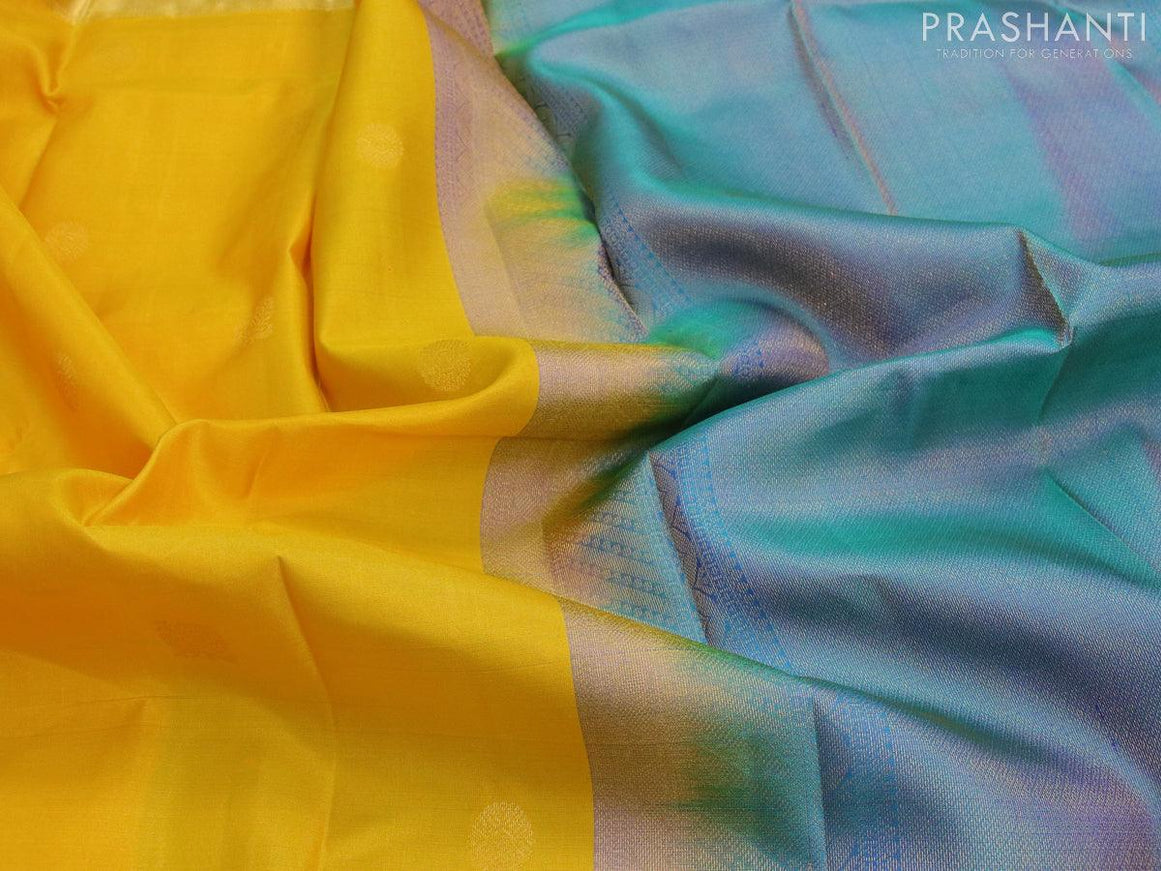 Pure kanjivaram silk saree yellow and dual shade of bluish green with zari woven buttas and zari woven border - {{ collection.title }} by Prashanti Sarees