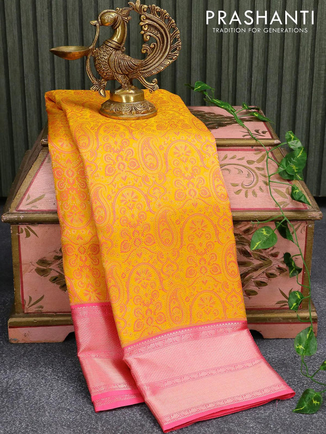 Pure kanjivaram silk saree yellow and light pink with allover thread & zari brocade paisley weaves and zari woven border - {{ collection.title }} by Prashanti Sarees