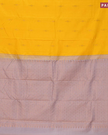 Pure kanjivaram silk saree yellow and pastel grey with zari woven box type buttas in borderless style - {{ collection.title }} by Prashanti Sarees
