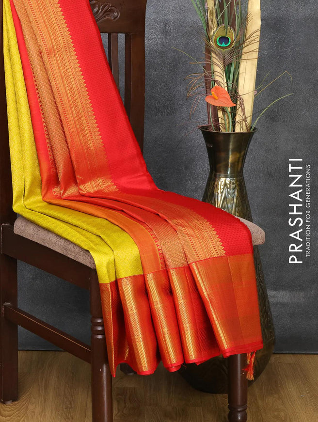 Pure kanjivaram silk saree yellow and red with allover zari weaves and long zari woven border - {{ collection.title }} by Prashanti Sarees
