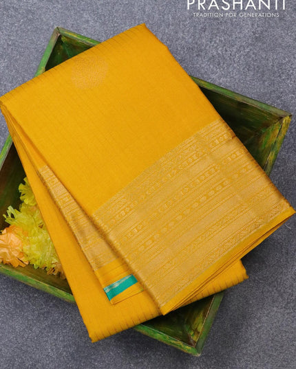 Pure kanjivaram silk saree yellow and teal blue with allover self emboss & zari buttas and zari woven border - {{ collection.title }} by Prashanti Sarees
