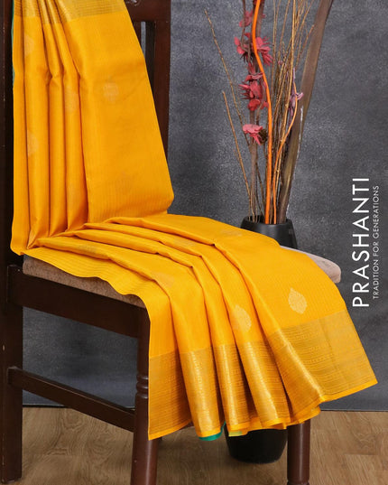 Pure kanjivaram silk saree yellow and teal blue with allover self emboss & zari buttas and zari woven border - {{ collection.title }} by Prashanti Sarees