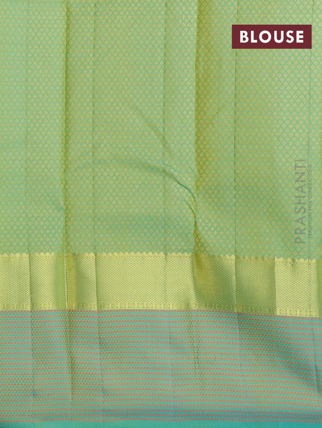 Pure kanjivaram silk saree yellow and teal green with allover self emboss and thread & zari woven border - {{ collection.title }} by Prashanti Sarees