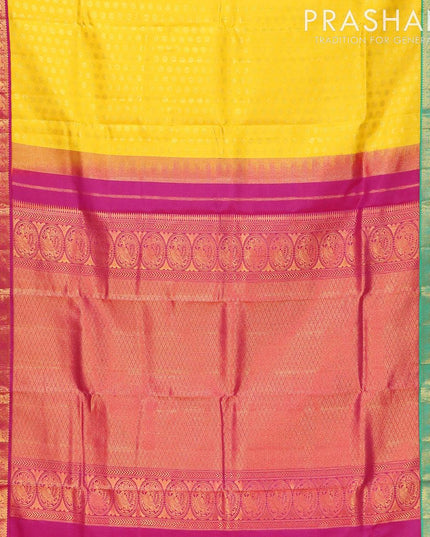 Pure kanjivaram silk saree yellow with allover zari butta weaves and zari woven ganga jamuna korvai border - {{ collection.title }} by Prashanti Sarees