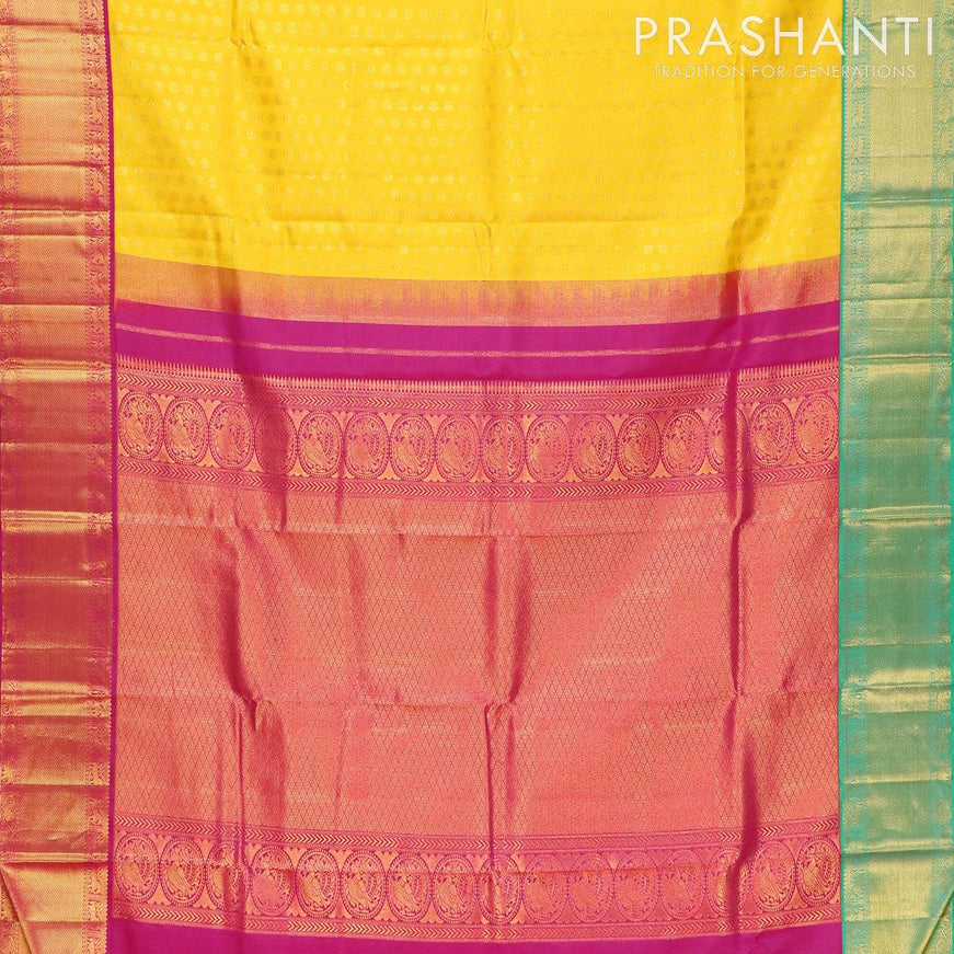 Pure kanjivaram silk saree yellow with allover zari butta weaves and zari woven ganga jamuna korvai border - {{ collection.title }} by Prashanti Sarees