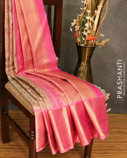 Pure Kanjivaram silk tissue saree beige and light pink with allover thread & zari weaves and zari woven border - {{ collection.title }} by Prashanti Sarees