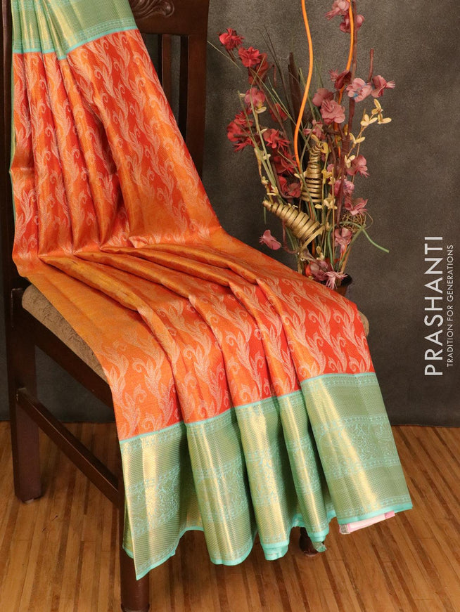 Pure Kanjivaram tissue silk saree dual shade of orangish red and teal with allover silver zari weaves and horse design border - {{ collection.title }} by Prashanti Sarees