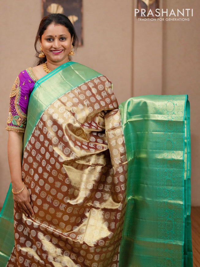 Pure Kanjivaram tissue silk saree golden maroon and teal green with allover butta weaves and long rich floral zari woven border - {{ collection.title }} by Prashanti Sarees