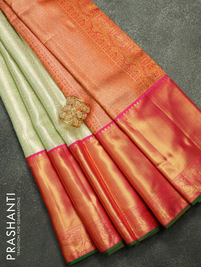 Pure kanjivaram tissue silk saree green shade and pink with allover zari woven brocade pattern and long zari woven border - {{ collection.title }} by Prashanti Sarees