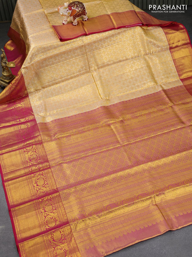 Pure kanjivaram tissue silk saree pale orange and pink with allover zari woven brocade weaves and long rich floral design zari woven border - {{ collection.title }} by Prashanti Sarees