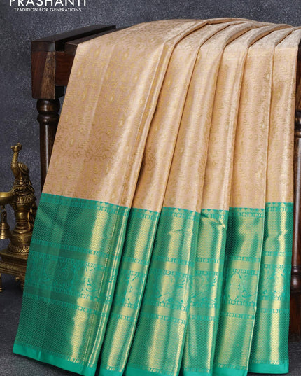 Pure kanjivaram tissue silk saree pastel shade and teal green with allover zari woven brocade weaves and long rich zari woven annam design border - {{ collection.title }} by Prashanti Sarees