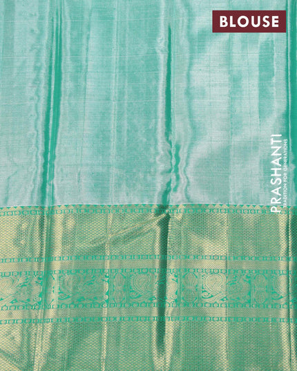 Pure kanjivaram tissue silk saree pastel shade and teal green with allover zari woven brocade weaves and long rich zari woven annam design border - {{ collection.title }} by Prashanti Sarees