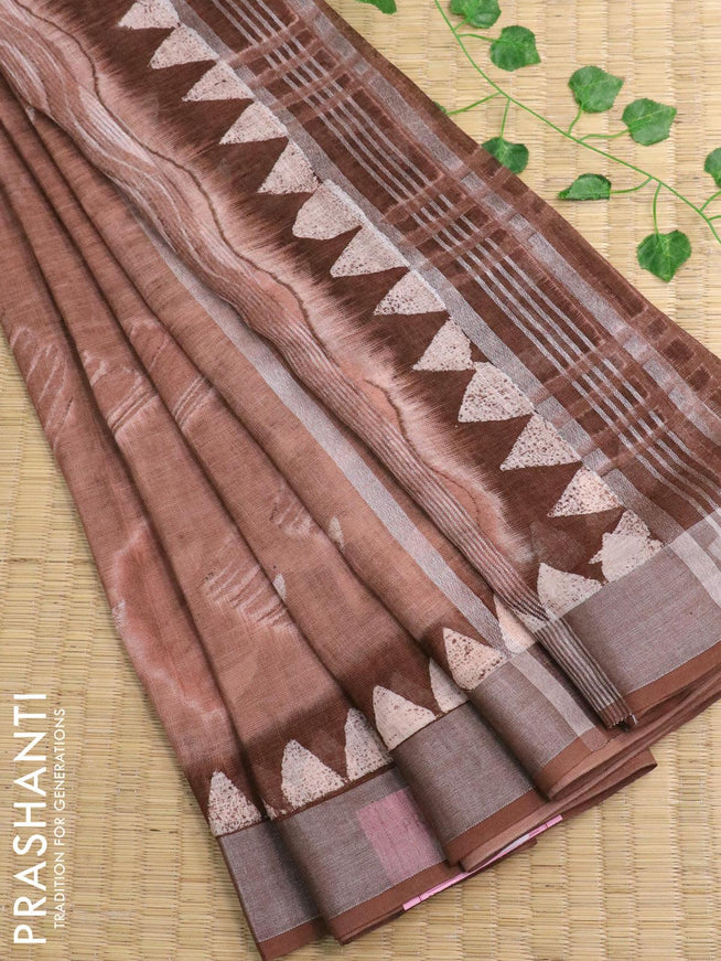 Pure linen saree brown with allover batik prints and silver zari woven border - {{ collection.title }} by Prashanti Sarees