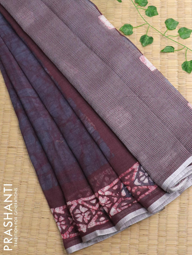 Pure linen saree maroonish grey with allover batik prints and silver zari woven border - {{ collection.title }} by Prashanti Sarees