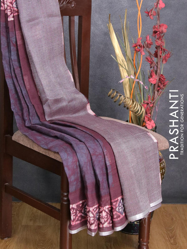Pure linen saree maroonish grey with allover batik prints and silver zari woven border - {{ collection.title }} by Prashanti Sarees