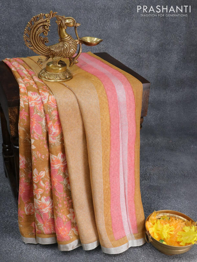 Pure linen saree mustard shade with allover floral prints and silver zari woven piping border - {{ collection.title }} by Prashanti Sarees
