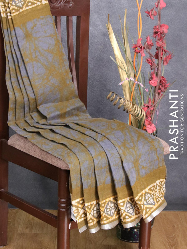 Pure linen saree olive green with allover batik prints and silver zari woven border - {{ collection.title }} by Prashanti Sarees