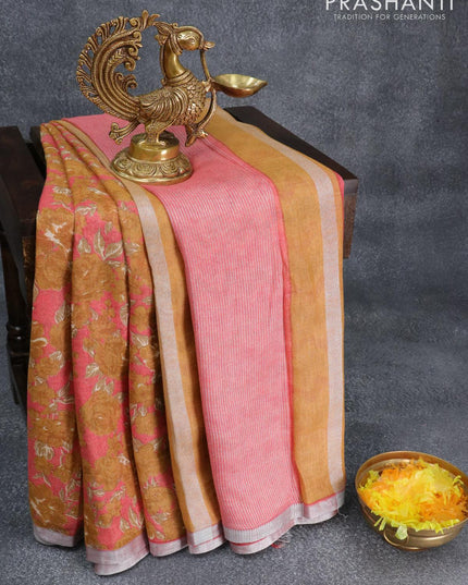 Pure linen saree peach pink and dark mustard with allover floral prints and silver zari woven piping border - {{ collection.title }} by Prashanti Sarees
