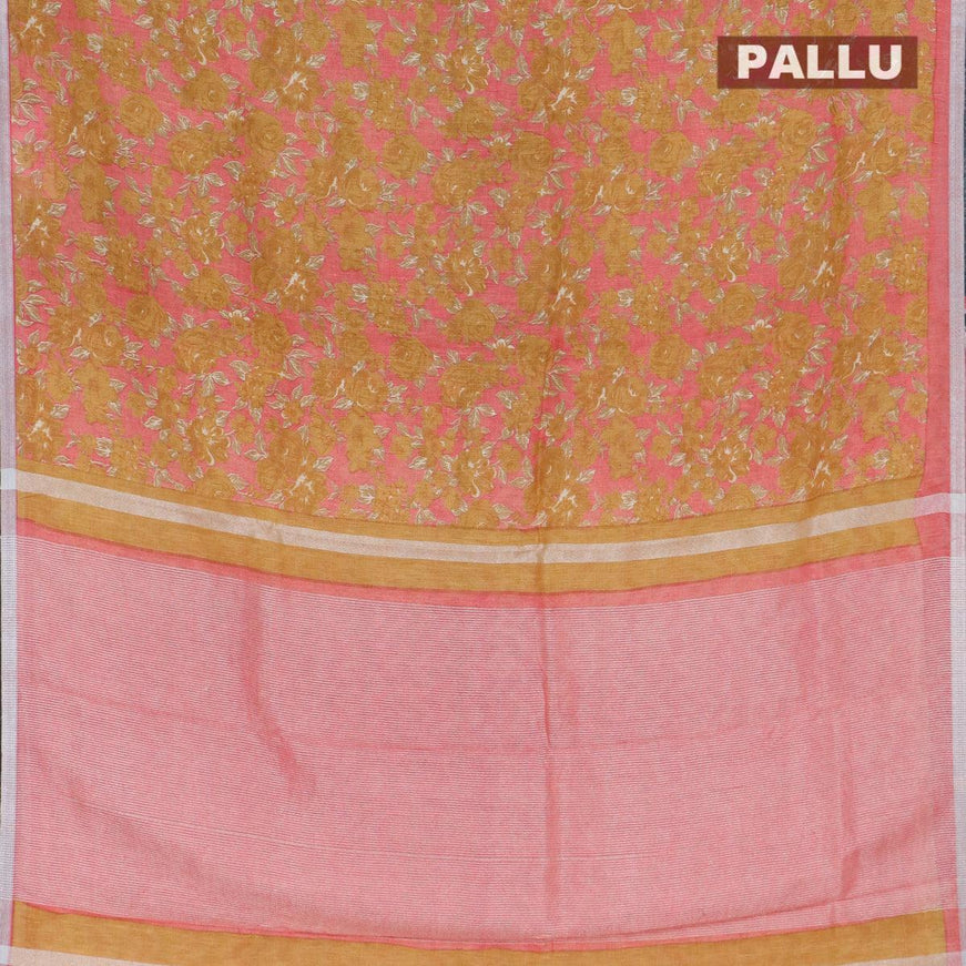 Pure linen saree peach pink and dark mustard with allover floral prints and silver zari woven piping border - {{ collection.title }} by Prashanti Sarees