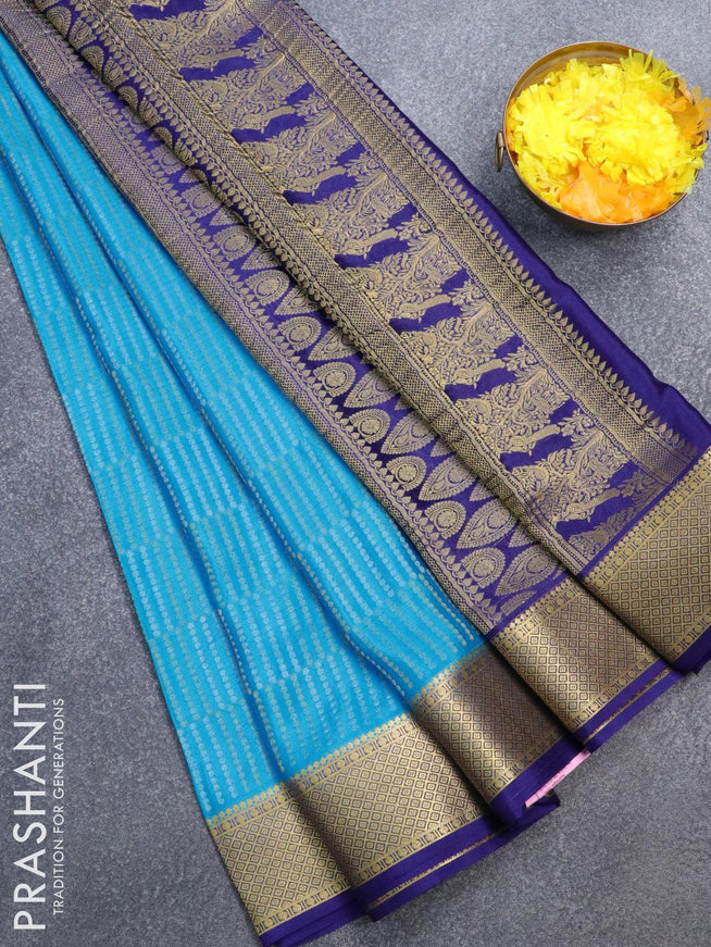 Pure mysore silk saree cs blue and blue and allover silver & gold zari weaves and zari woven border - {{ collection.title }} by Prashanti Sarees