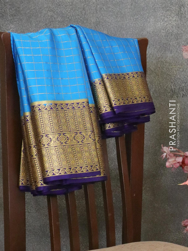 Pure mysore silk saree cs blue and blue with allover zari checks and zari woven border - {{ collection.title }} by Prashanti Sarees