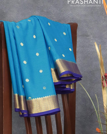 Pure mysore silk saree cs blue and blue with allover zari woven buttas and zari woven border - {{ collection.title }} by Prashanti Sarees
