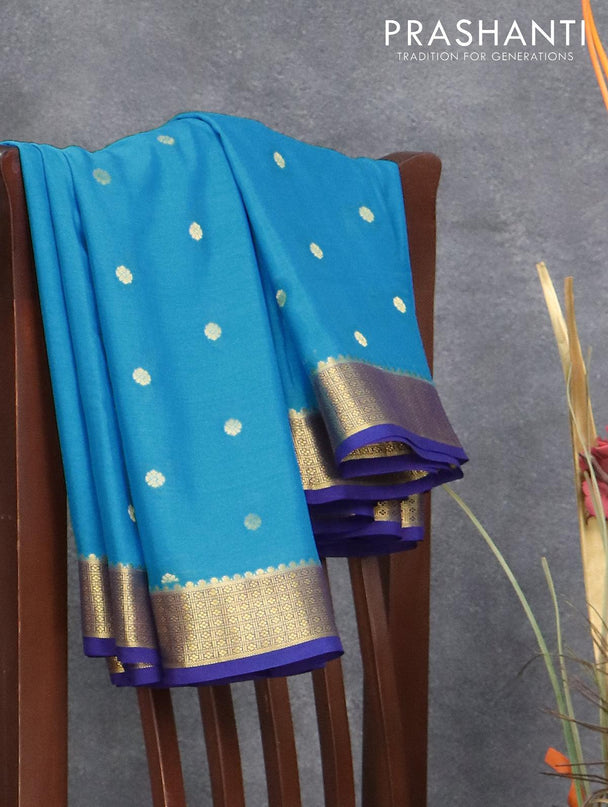 Pure mysore silk saree cs blue and blue with allover zari woven buttas and zari woven border - {{ collection.title }} by Prashanti Sarees