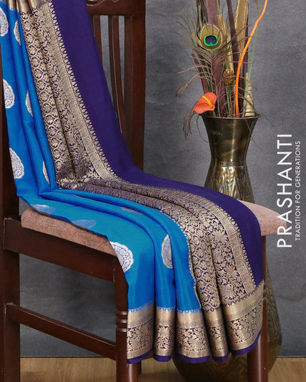 Pure mysore silk saree cs blue and blue with zari woven buttas and zari woven floral border - {{ collection.title }} by Prashanti Sarees