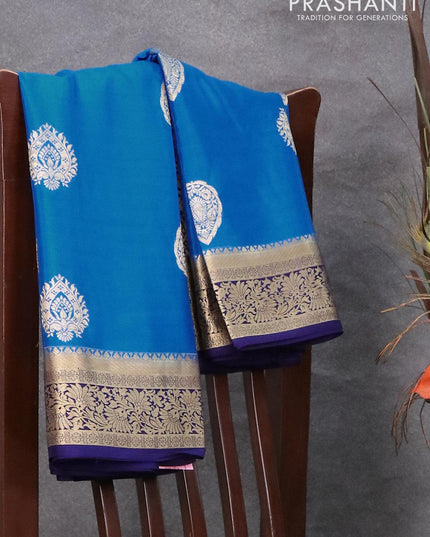 Pure mysore silk saree cs blue and blue with zari woven buttas and zari woven floral border - {{ collection.title }} by Prashanti Sarees