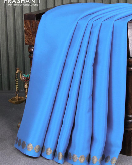 Pure mysore silk saree cs blue with plain body and floral design zari woven simple border - {{ collection.title }} by Prashanti Sarees