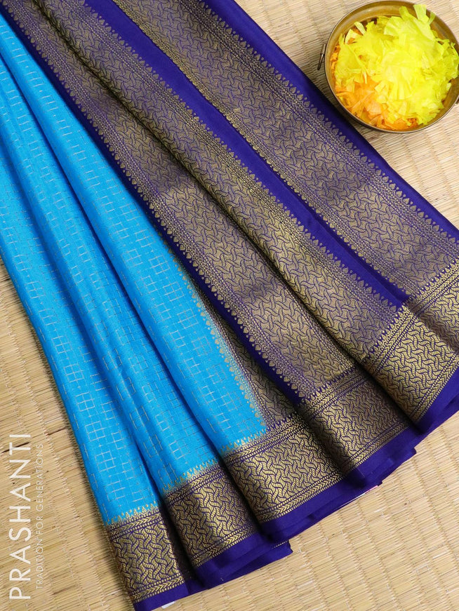 Pure mysore silk saree light blue and blue with allover zari checks and zari woven border - {{ collection.title }} by Prashanti Sarees