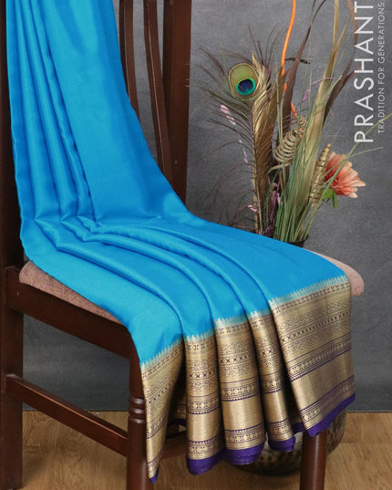 Pure mysore silk saree light blue and blue with plain body and long zari woven border - {{ collection.title }} by Prashanti Sarees