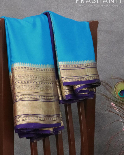 Pure mysore silk saree light blue and blue with plain body and long zari woven border - {{ collection.title }} by Prashanti Sarees
