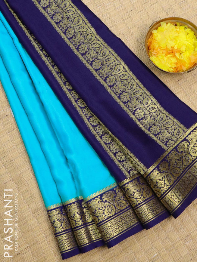 Pure mysore silk saree light blue and blue with plain body and peacock design zari woven border - {{ collection.title }} by Prashanti Sarees