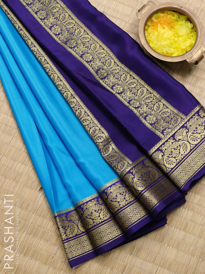 Pure mysore silk saree light blue and blue with plain body and peacock zari woven border - {{ collection.title }} by Prashanti Sarees