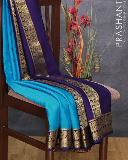 Pure mysore silk saree light blue and blue with plain body and peacock zari woven border - {{ collection.title }} by Prashanti Sarees