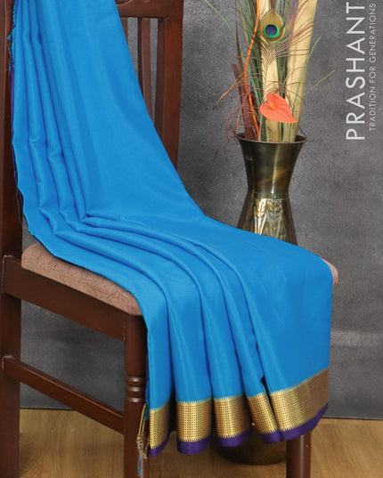 Pure mysore silk saree light blue and blue with plain body and zari woven border - {{ collection.title }} by Prashanti Sarees