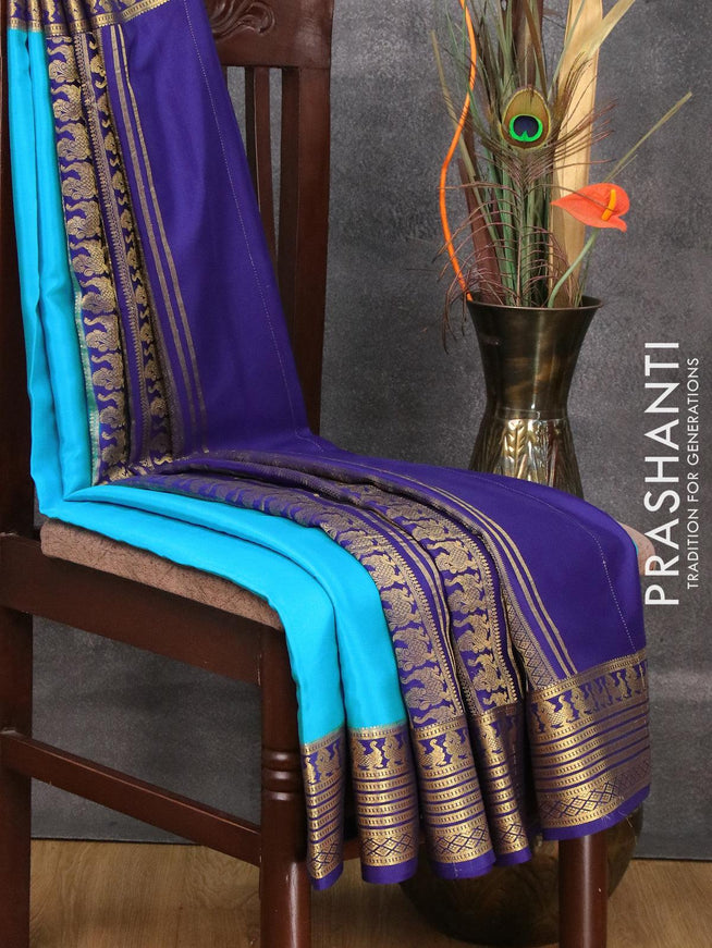 Pure mysore silk saree light blue and blue with plain body and zari woven border - {{ collection.title }} by Prashanti Sarees