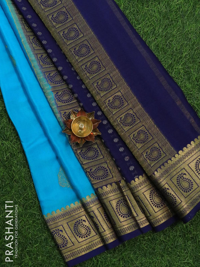 Pure Mysore silk saree light blue and blue with zari woven buttas and zari woven paisley border - {{ collection.title }} by Prashanti Sarees