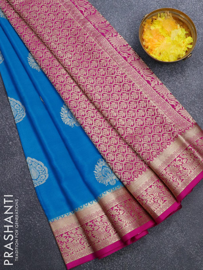 Pure mysore silk saree light blue and pink with zari woven buttas and zari woven border - {{ collection.title }} by Prashanti Sarees