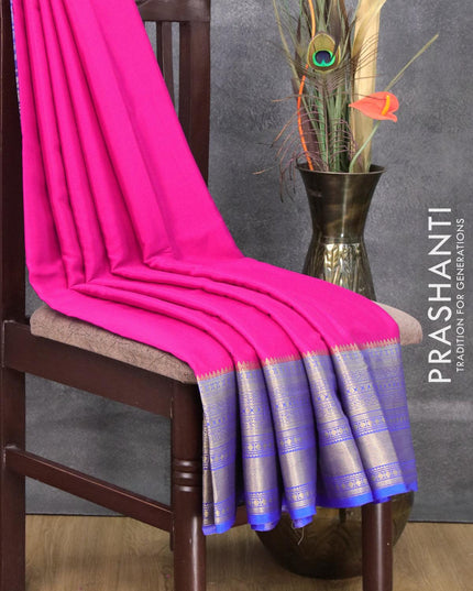 Pure mysore silk saree pink and royal blue with plain body and long zari woven border - {{ collection.title }} by Prashanti Sarees